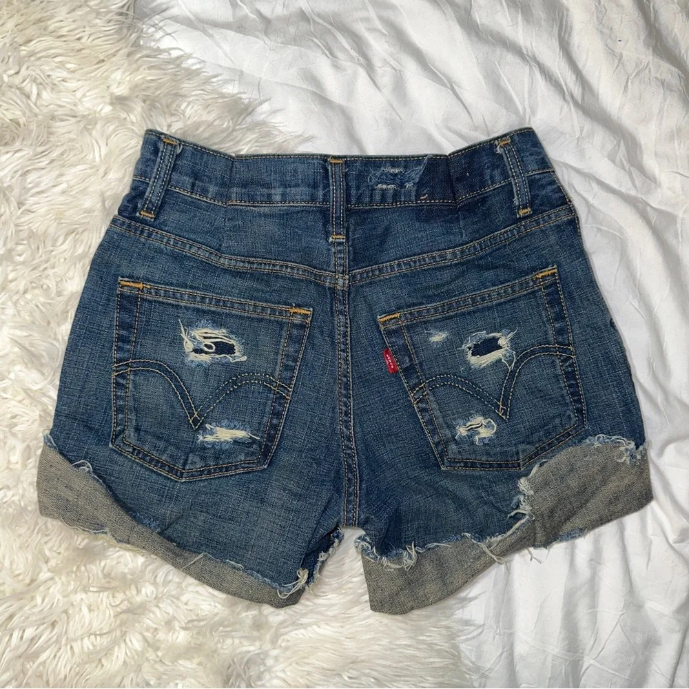 Levi’s | Distressed Ripped Denim Cutoff Shorts Dark Wash Cuffed Hem DIY Size 24